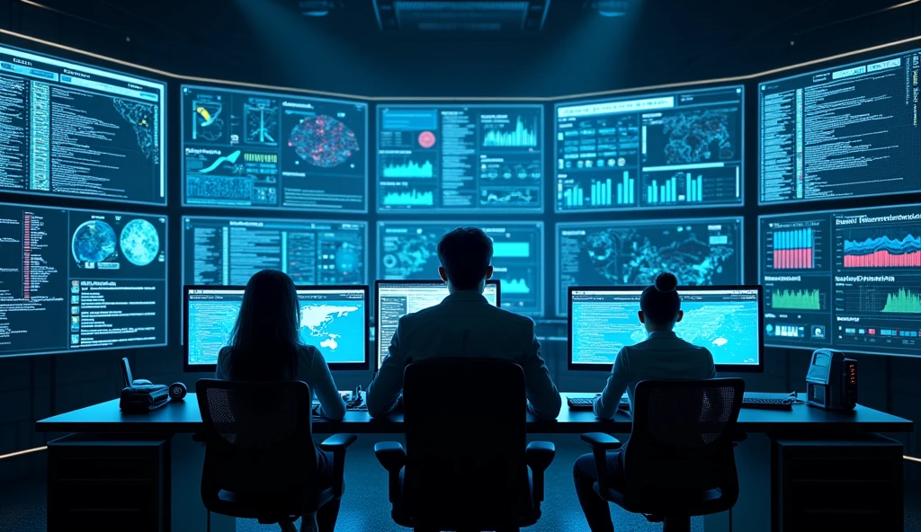 A state-of-the-art cybersecurity command center, filled with advanced technology and futuristic interfaces. The room is bathed in cool blue light, reflecting off multiple screens that display complex data flows, code sequences and network maps.
