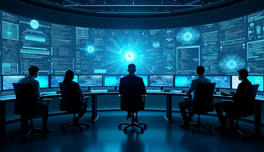 A state-of-the-art cybersecurity command center, filled with advanced technology and futuristic interfaces. The room is bathed in cool blue light, reflecting off multiple screens that display complex data flows, code sequences and network maps.