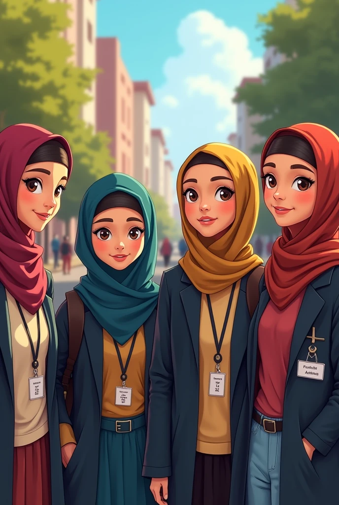 4 girl wear hijab with name tag FARISHA , HANI,ADRINA, DANIA at university 