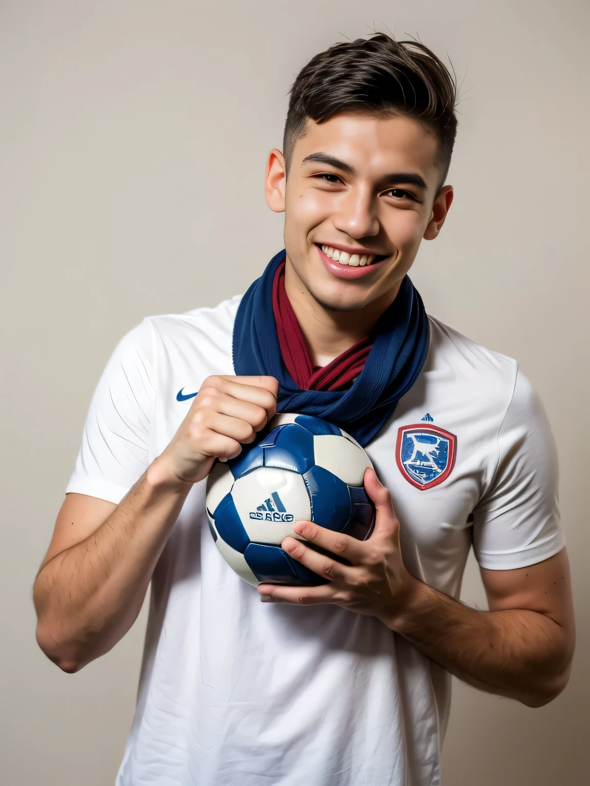 A young Chilean man wearing a white shirt and a red and white and blue soccer scarf, one hand closed into body with fist hand, a victorious gesture, holding a soccer ball and smiling in front of a white background