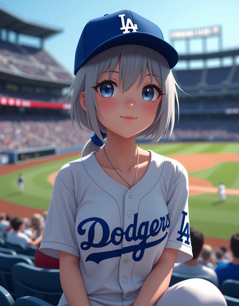 nsfw (RAW Photos, Highest quality, masterpiece: 1.2), (Realistic: 1.4), Best lighting, 20-year-old,Beauty (Light grey hair, Shortcuts, Hair above the ears, Symmetrical eyes, Fair skin, alone, Detailed skin, Detailed Background:1.2), Front view, smile, Angle from field to spectator seating, Sitting in the stands at a baseball stadium watching the game, Holding the iPhone 15 Pro in one hand, Many spectators, Wearing a Los Angeles Dodgers baseball cap and Los Angeles Dodgers uniform, Large Breasts,Big Breasts, accessories, Tie your hair back, Daytime, Exposure to sunlight
