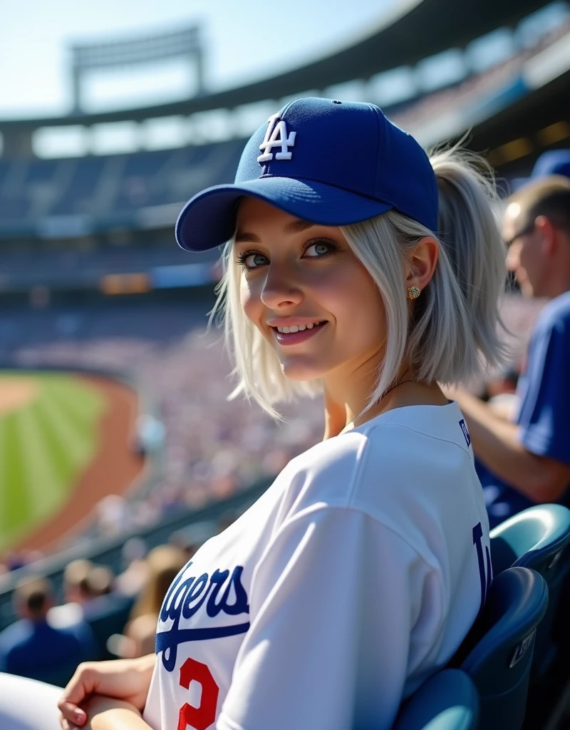 nsfw (RAW Photos, Highest quality, masterpiece: 1.2), (Realistic: 1.4), Best lighting, 20-year-old,Beauty (Light grey hair, Shortcuts, Hair above the ears, Symmetrical eyes, Fair skin, alone, Detailed skin, Detailed Background:1.2), Front view, smile, Angle from field to spectator seating, Sitting in the stands at a baseball stadium watching the game, Holding the iPhone 15 Pro in one hand, Many spectators, Wearing a Los Angeles Dodgers baseball cap and Los Angeles Dodgers uniform, Large Breasts,Big Breasts, accessories, Tie your hair back, Daytime, Exposure to sunlight