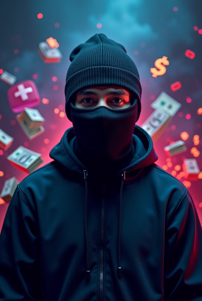 "Create a high-resolution, visually engaging course cover image. The central subject should be a male figure hiding his face with a black mask or ninja-like attire, positioned dynamically in an action pose. The mask should completely obscure the facial features to emphasize anonymity. Use a vibrant and colorful background with a gradient or abstract design that contrasts well with the central figure, incorporating a mix of rich colors like deep blue, purple, and dark gray to add depth and visual interest. Place symbols of financial success, such as dollar signs ($), stacks of bills, or currency icons prominently behind the male figure, ensuring they are bold and eye-catching. Also, integrate images of the TikTok, YouTube, and Kwai app icons into the background, ensuring they are visible and contribute to the theme of video content creation. Include visual references to video editing, such as camera icons, film reels, or editing software icons (like scissors or a timeline), subtly blended into the background but ensuring they complement the main subject. The overall style should be sleek and modern with a balanced composition that highlights the main subject and thematic elements (money, video editing, and app icons) while maintaining a clean and professional look. Avoid any text or written elements. The image should effectively convey the concepts of financial success through video content creation and the presence of popular video platforms while maintaining the theme of anonymity."