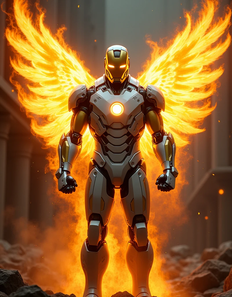 Here is a detailed description of the image in point form:

1. **Main Subject**: The image features a humanoid figure wearing a suit of advanced, metallic armor, reminiscent of Iron Man's design, with a sleek and glossy finish.

2. **Armor Color**: The armor is primarily white and yellow with darker shades accentuating the details and contours of the suit, giving it a polished, almost reflective surface.

3. **Eyes and Arc Reactor**: The helmet has glowing, narrow eye slits emitting a bright, intense yellowish-orange light, giving the figure a menacing appearance. The chest has a prominent circular arc reactor, also glowing with a similar bright light.

4. **Wings**: The figure has large, realistic fiery wings extending from its back. The wings are composed entirely of flames, with intricate, feather-like details formed by the fire, radiating intense heat and light.

5. **Fire Effects**: The flames surrounding the figure are dynamic, with varying intensities, giving the wings and armor a fiery, almost celestial appearance. The fire seems to ripple and move, enhancing the sense of power and energy.

6. **Environment**: The background is blurred but suggests a dark, industrial or urban setting with muted tones, making the fiery figure stand out as the focal point.

7. **Lighting and Atmosphere**: The lighting in the image is dramatic, with the flames providing most of the illumination, casting an orange glow on the surroundings. The atmosphere feels intense and powerful, emphasizing the strength and otherworldly nature of the figure.

8. **Pose**: The figure is standing in a powerful stance, with fists clenched and slightly bent at the elbows, suggesting readiness or an aggressive posture.

9. **Overall Theme**: The combination of the high-tech armor with the fiery wings gives the character a blend of technology and mysticism, making it appear as a powerful, almost mythological warrior.