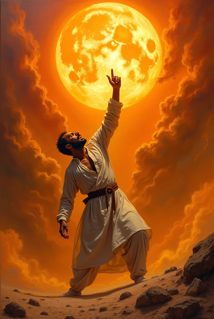 Make a painting on a men, full figure , with full of sweat wearing a simple Pakistani shalwar and banyan who is falling down and rise his hand towards the sun in the space around the while the sun looks soo bigg, background will be the space full of hot with the full of summer stuff material