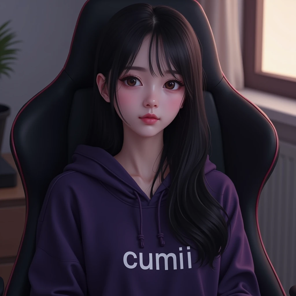 A beautiful white Korean woman  , long hair , sitting in a gaming chair wearing a dark purple hoodie with a name on it " cumiii "