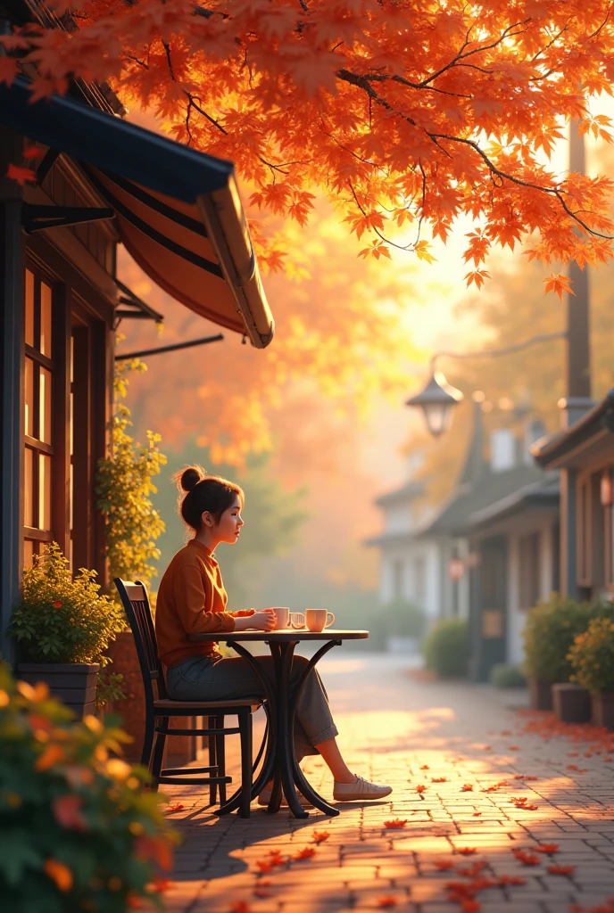 ((((masterpiece, best quality, high resolution)))),High Detail, Warm autumn afternoon sunlight shines through the leaves onto a table outside a coffee shop,, Head-up