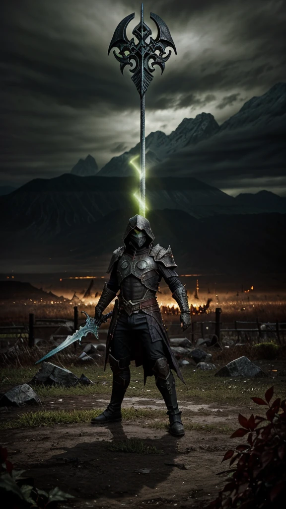 "Create a dynamic and intense scene of the Harbinger from Guild Wars 2 in the heat of a PvP battle. The Harbinger, clad in dark, plague-themed armor, is surrounded by a green toxic aura, exuding an ominous presence. His scythe is raised, ready to strike, with green energy swirling around it, symbolizing the corruption he brings. The battlefield is chaotic, with fallen enemies and swirling mists, adding to the dark and sinister atmosphere. The background features ruins and dark skies, emphasizing the Harbinger's power and fearsome nature