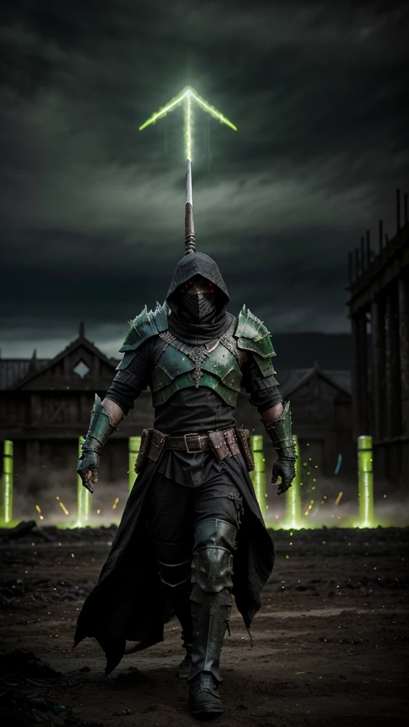 "Create a dynamic and intense scene of the Harbinger from Guild Wars 2 in the heat of a PvP battle. The Harbinger, clad in dark, plague-themed armor, is surrounded by a green toxic aura, exuding an ominous presence. His scythe is raised, ready to strike, with green energy swirling around it, symbolizing the corruption he brings. The battlefield is chaotic, with fallen enemies and swirling mists, adding to the dark and sinister atmosphere. The background features ruins and dark skies, emphasizing the Harbinger's power and fearsome nature