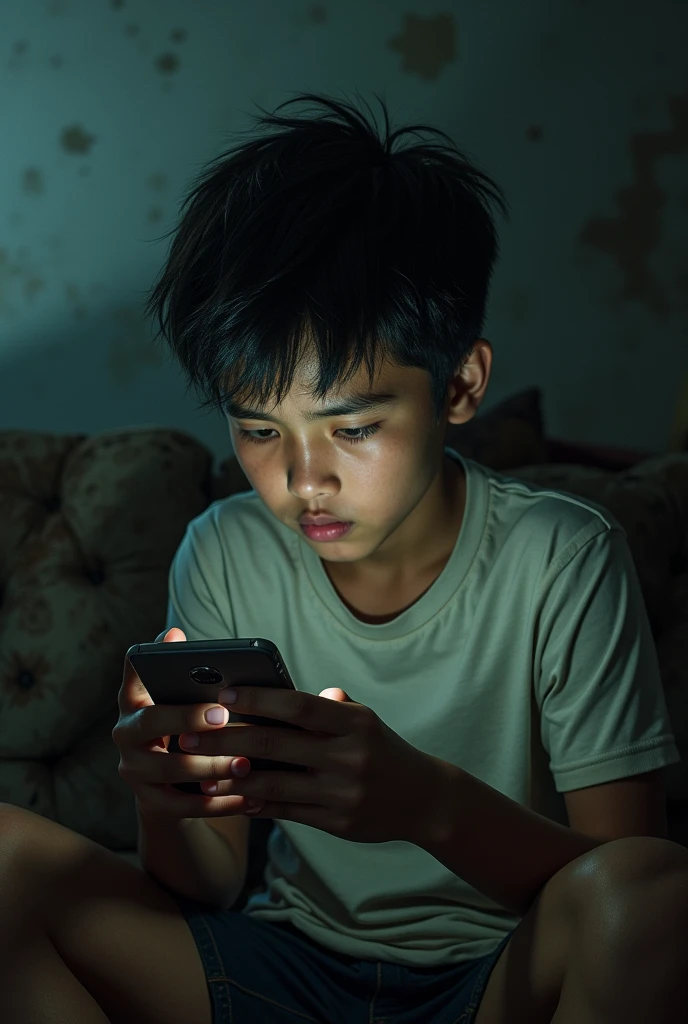one pinoy boy holding a phone and madly typing, dark dirty, are in rage sitting in a couch apart