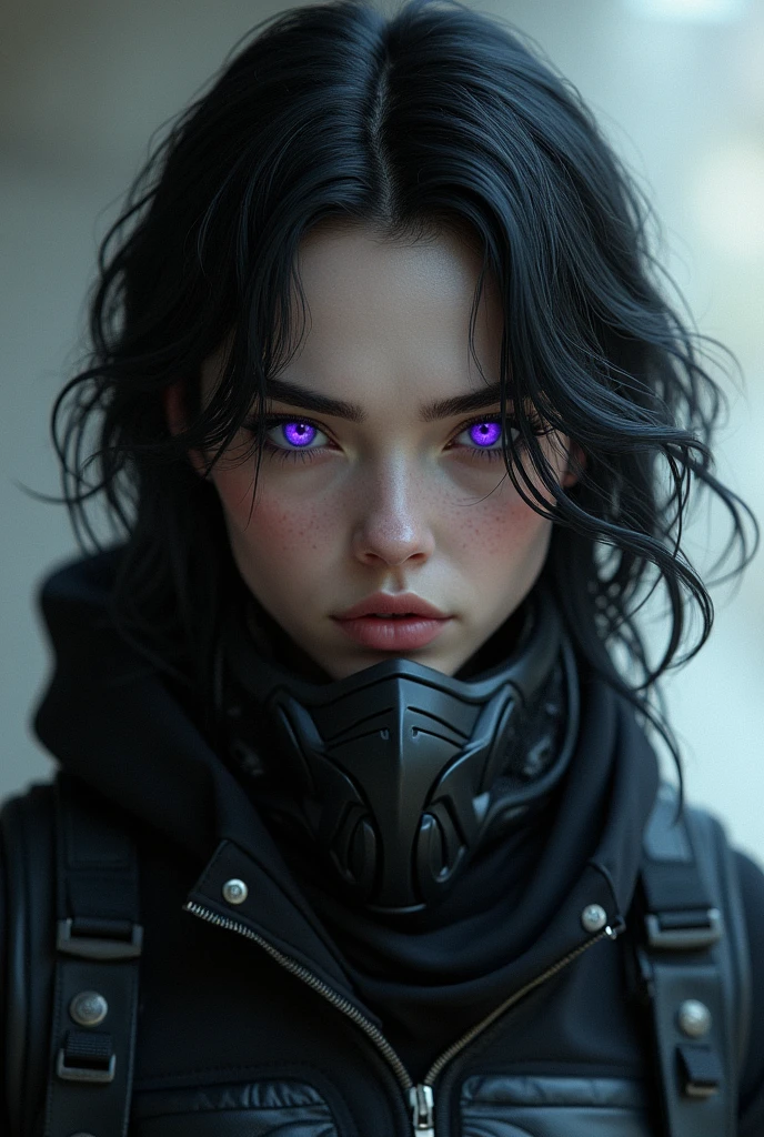 Crow's appearance, she naturally has a rather pale complextion, matched with her black wavy hair and unique vibrant violet eyes a rare eye color, this paired with light tactical gear, she also has an assassin vibe, wears a combat mask