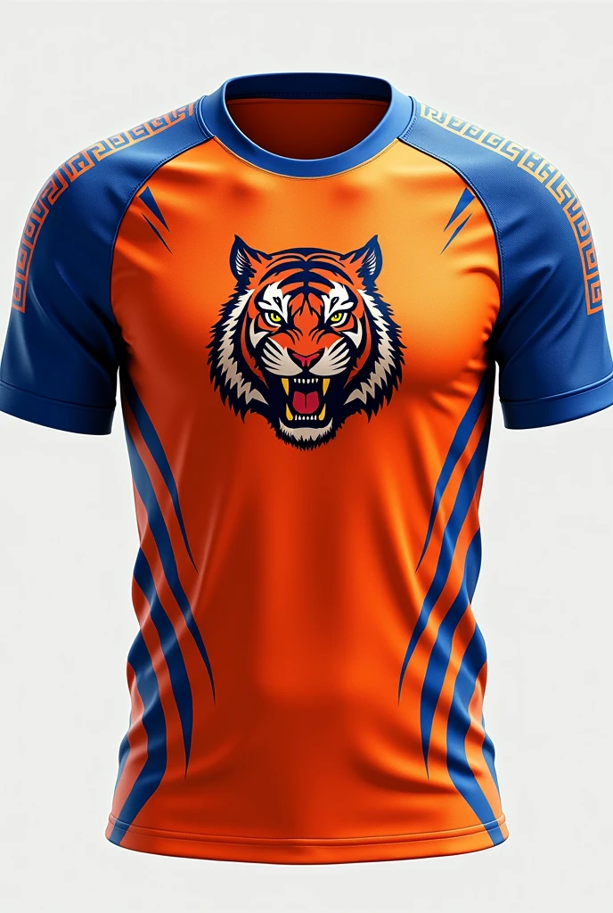 A men's futsal shirt model in orange with blue details and lots of sporty details., with a tiger claw on the chest of the small blouse, lots of details a claw on the back. Greek pattern sleeve details.