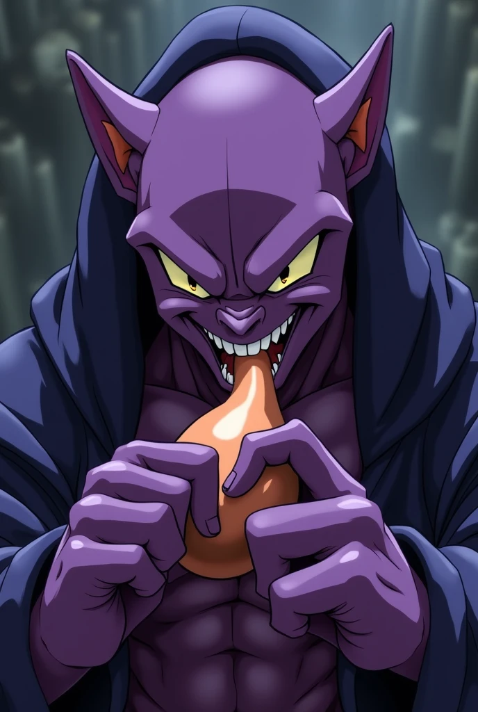 CGI,アニメ , Beerus, HAVING SEX, two handed roll, holding a huge cock with both hands, close up, cavern background , scumbag face, enjoy quickly, face detail, cute, hooded cloak,
