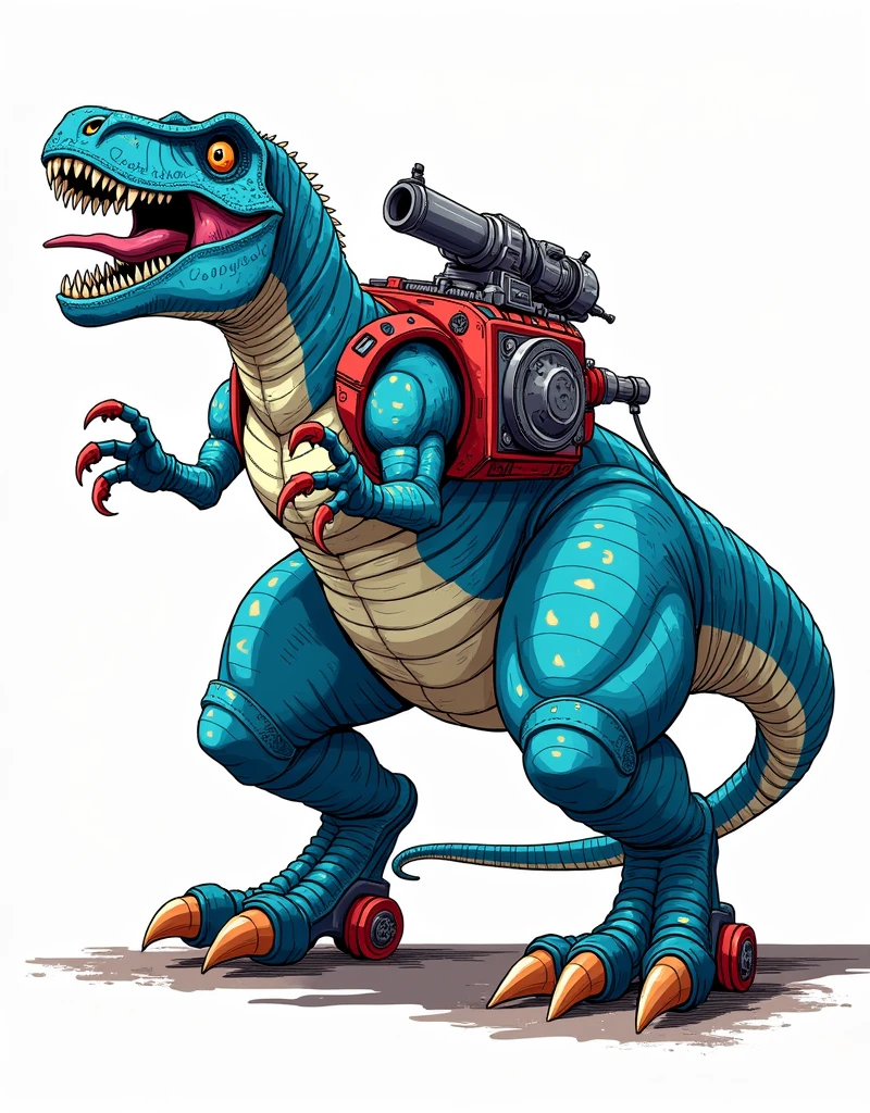 T-Rex armed anime style by Akira Toriyama, with a retro-futuristic design, featuring a dynamic and energetic dinosaur with wheels on its feet and a machine gun protruding from its mouth. The artwork showcases vibrant blue sci-fi coloring with striking red details, set against a clean white background. The illustration embodies the iconic Dragon Ball Z art style, with intricate textures, clean and dynamic lines characteristic of Akira Toriyama's work. The composition is centralized, emphasizing the T-Rex's powerful stance and futuristic modifications. The comic-style rendering employs vivid colors and dramatic shading techniques, creating a sense of depth and dimension. The overall atmosphere is highly energetic, capturing the essence of action-packed anime scenes. The artwork blends prehistoric elements with cutting-edge technology, resulting in a unique and eye-catching design that perfectly balances retro and futuristic aesthetics.