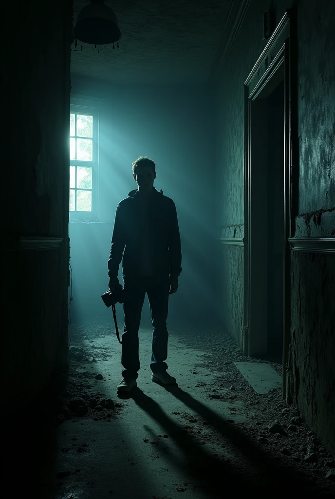 Interior view of a ruined mansion, where a man stands with a camera in pitch darkness. Strange shadows are emerging on the old walls of the mansion."