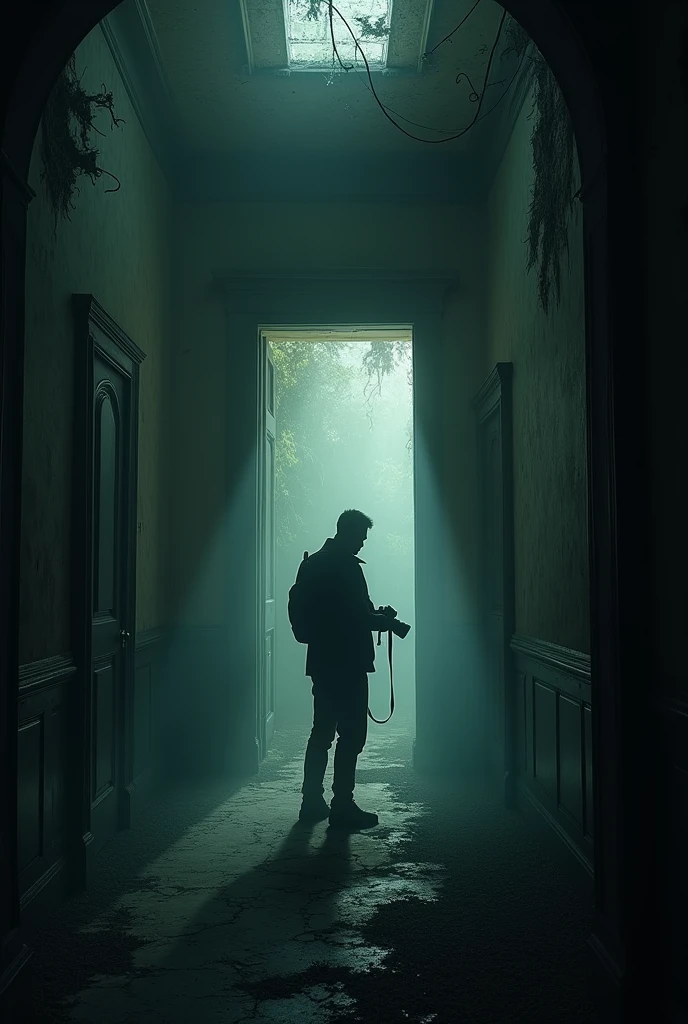Interior view of a ruined mansion, where a man stands with a camera in pitch darkness. Strange shadows are emerging on the old walls of the mansion."