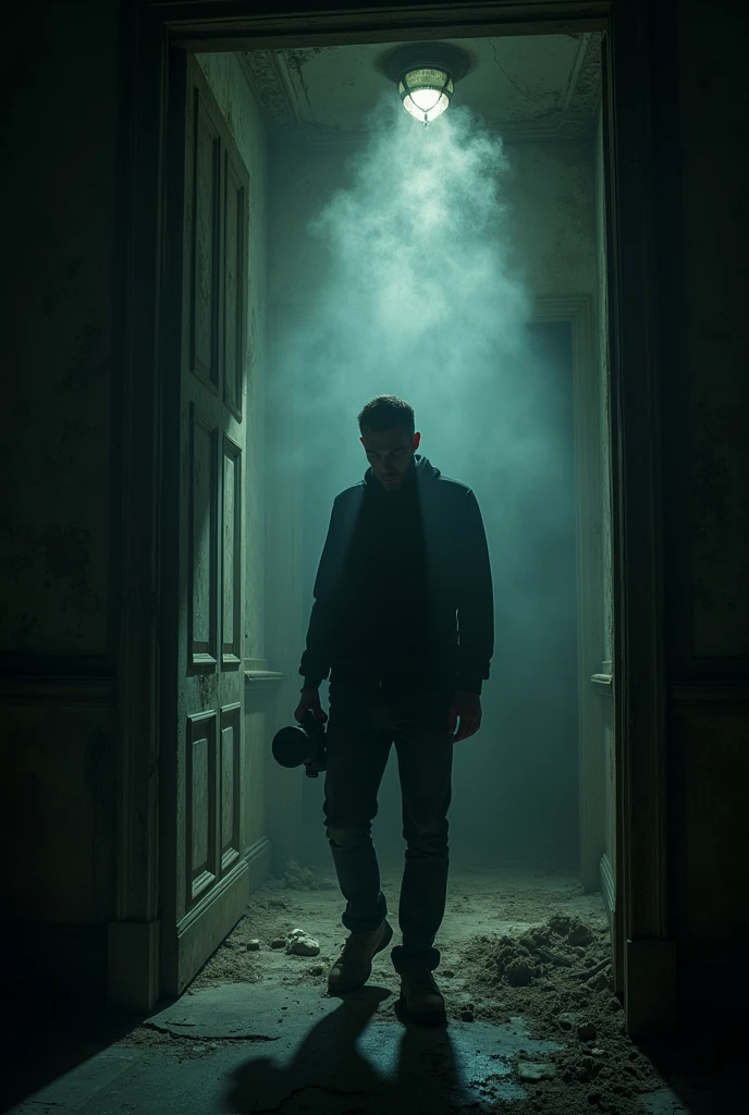 Interior view of a ruined mansion, where a man stands with a camera in pitch darkness. Strange shadows are emerging on the old walls of the mansion."
