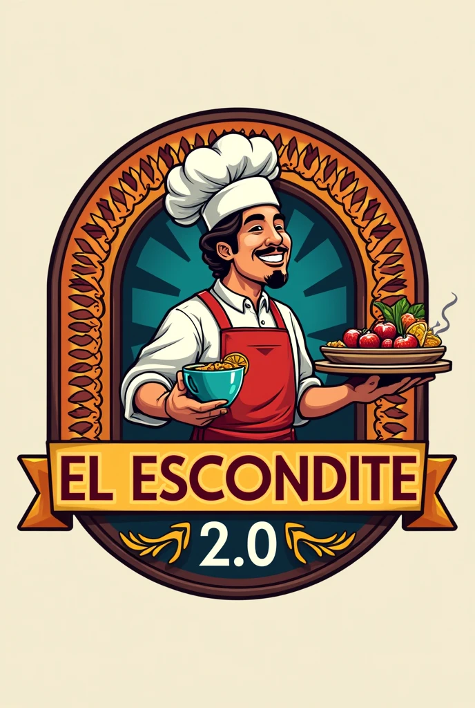 Hello, I want a logo for a restaurant bar where they serve guarapo and Bolivian food. The name of the establishment is El Escondite 2..0