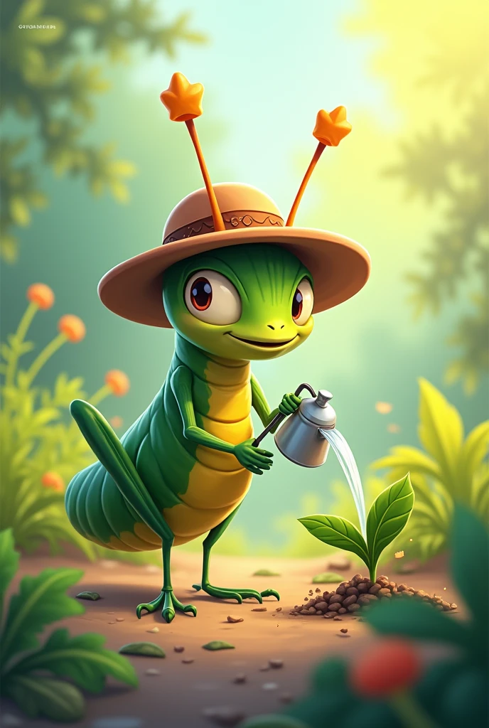 A cricket with a hat watering a little plant in cartoon version
