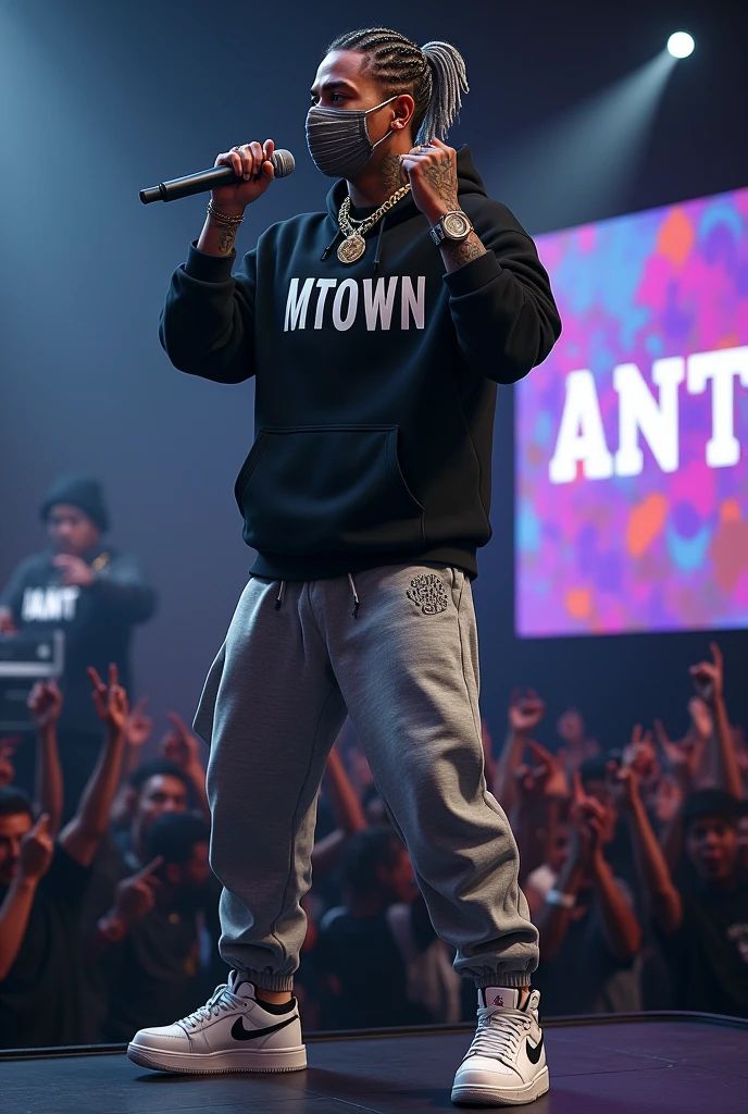 Rapper performing on stage, mike on hand, ANTF written on display board, dj at side, audience raising hand standing on down floor, realistic, black hoodie with MTOWN written on it, grey joggers, jordan shoes, hiphop necklace, watch and tattoos, ash colour hair braids, hiphop mask,
