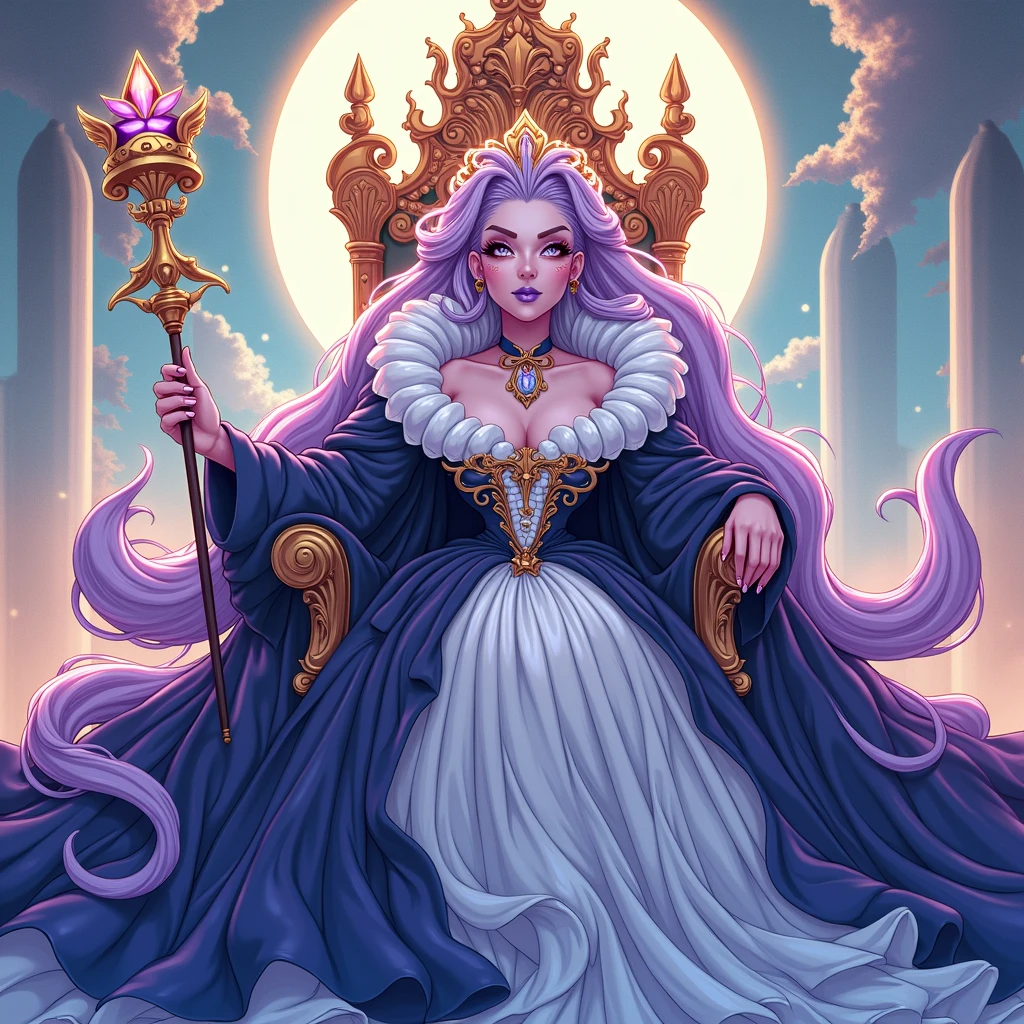 2d anime style image of a very beautiful disney ursula as a slim but voluptuous divine queen wearing wide gigantic extra large puffy ballgown with very long train and tall wide high collar, holding a scepter, with giant round crown on her head, sitting on a throne, with her tentacles swaying, and giant divine halo circle floating behind