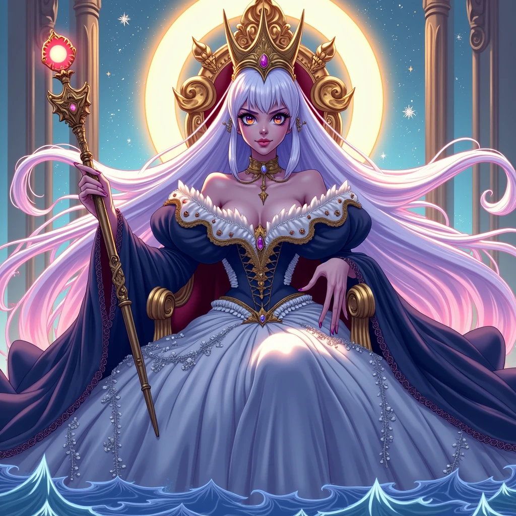 2d anime style image of a very beautiful disney ursula as a slim but voluptuous divine queen wearing wide gigantic extra large puffy ballgown with very long train and tall wide high collar, holding a scepter, with giant round crown on her head, sitting on a throne, with her tentacles swaying, and giant divine halo circle floating behind