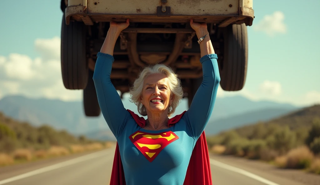 Superstrong Superold Superwoman(((1978s Superman costume))) Julie Hagerty (((beautiful body; 70 year old lady, beautiful woman, fit body))); big and strong breasts. levanta facilmente um a a truck on the road sobre sua cabeça; arms of a strong woman. HD. Photograph, ((realism)), extremely high quality RAW photograph, ultra detailed photograph, sharp focus, high resolution, (detailed skin:1,3),high quality, film grain, Fujifilm XT3,Highly Detailed, movie, (Cinematic Photo:1.3) of (Realistic:1.3)