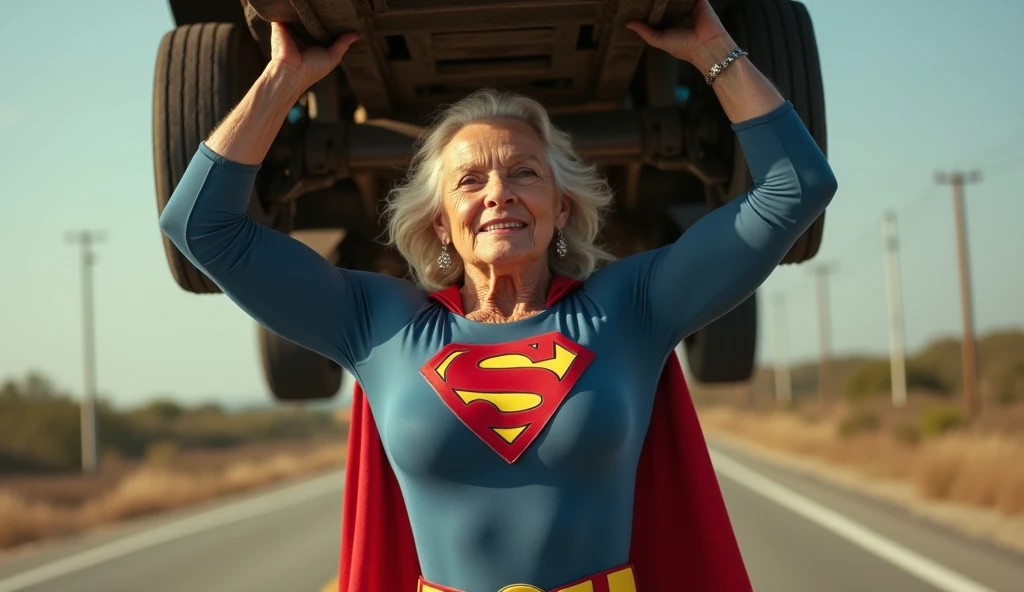 Superstrong Superold Superwoman(((1978s Superman costume))) Julie Hagerty (((beautiful body; 70 year old lady, beautiful woman, fit body))); big and strong breasts. levanta facilmente um a a truck on the road sobre sua cabeça; arms of a strong woman. HD. Photograph, ((realism)), extremely high quality RAW photograph, ultra detailed photograph, sharp focus, high resolution, (detailed skin:1,3),high quality, film grain, Fujifilm XT3,Highly Detailed, movie, (Cinematic Photo:1.3) of (Realistic:1.3)
