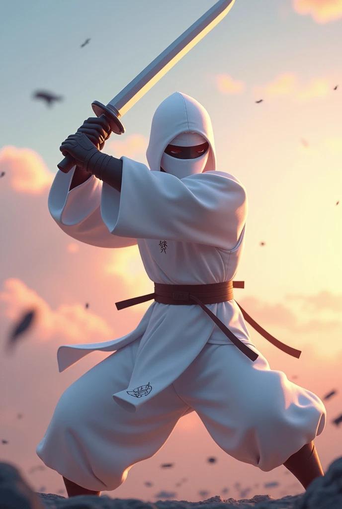 Animated Japanese ninja in full white with sword under the dawn with the letters Mr. KINS on his iron chest