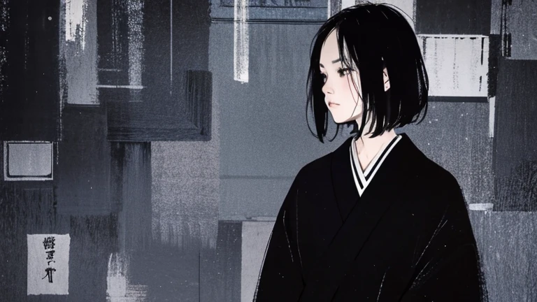 Black Hair、Cold look:1.5、Japanese woman in her 30s、Dark Background、One Cool Lady:1.2、Sharp Eye、night、Sad face、whole photo、Looking up at the sky、Put your hands in your pockets、Transparent woman、Black Eyes、