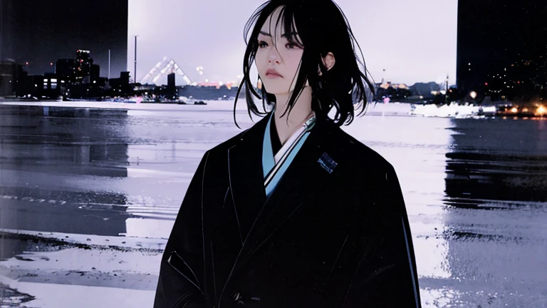 Black Hair、Cold look:1.5、Japanese woman in her 30s、Dark Background、One Cool Lady:1.2、Sharp Eye、night、Sad face、whole photo、Looking up at the sky、Put your hands in your pockets、Transparent woman、Black Eyes、