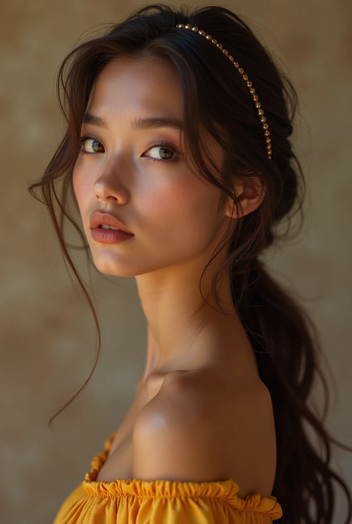 ultra realistic brunette emme brown eyes with beautiful shapes tall dressed