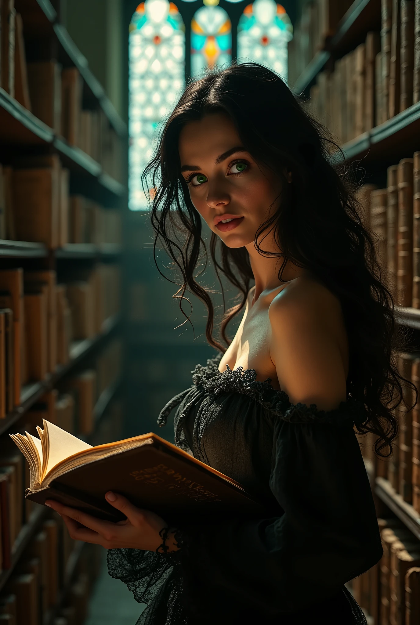 beautiful womens; looking for a forbidden book in ancient library with a lost of mistery and secrets; caravaggio painting