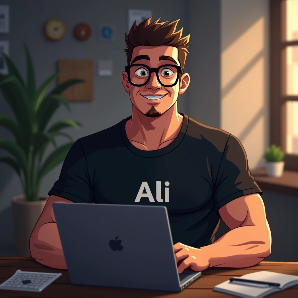 Software developer using computer and Laptop in his well architect room
He is A Lean bodybuilder wearing glasses, his face should also be good and Black T shirt on it "Ali" is written,
Image should be animated