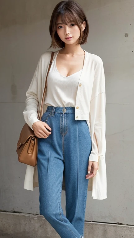 A beautiful Japanese woman with a flawless, symmetrical face embodying the golden ratio. She has medium-length shaggy hair, with delicate layers that frame her face, emphasizing her fair complexion. Her small chest is visible, with a subtle cleavage showing, as she wears a For a date outfit, choose one of the following styles:
1. **Casual Chic**: Pair a white shirt or blouse with denim or chinos, and add a jacket or cardigan for a casual yet slightly refined look.
2. **Natural Impression**: Opt for a linen shirt or dress for a light and airy feel, and add accessories or shoes to enhance the look.
3. **Simple and Elegant**: Combine a simple top with a skirt or trousers, and keep accessories minimal for a sophisticated yet stylish appearance.
4. **Monotone Style**: Use a palette of black or gray for a unified look, creating a simple yet stylish impression.. The overall look is natural yet striking, highlighting her delicate and refined features.
