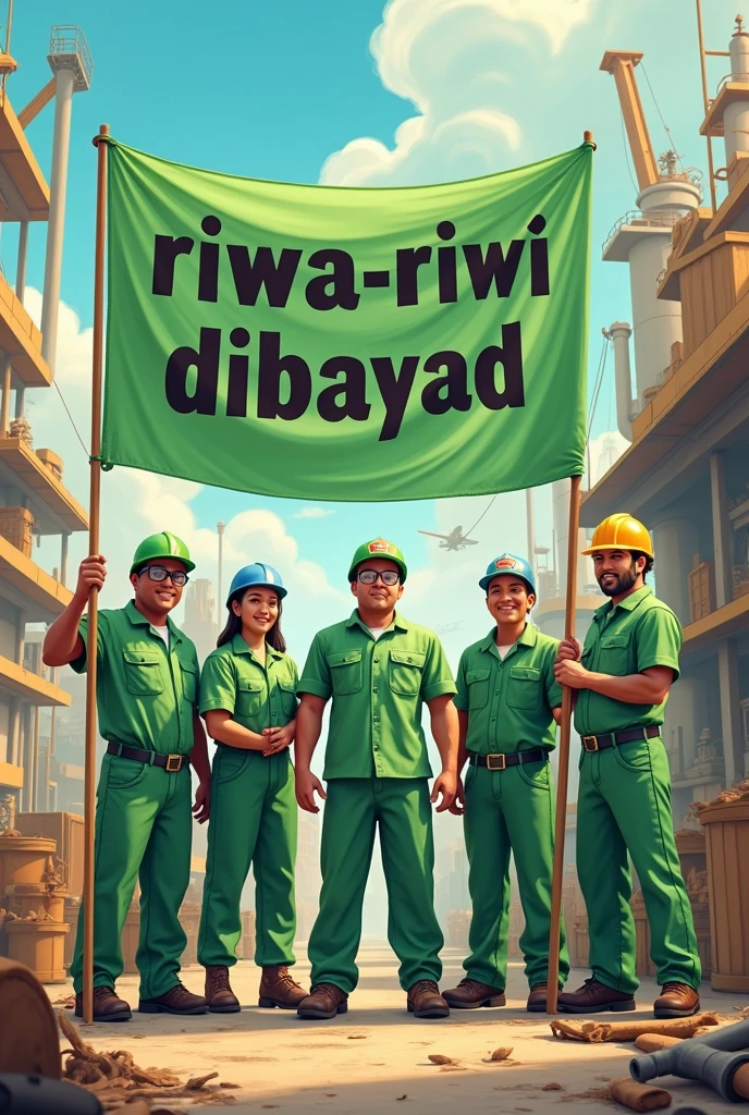 Make me a picture of 5 project workers wearing light green work clothes., dan ada tulisanya team riwa-riwi dibayar.
