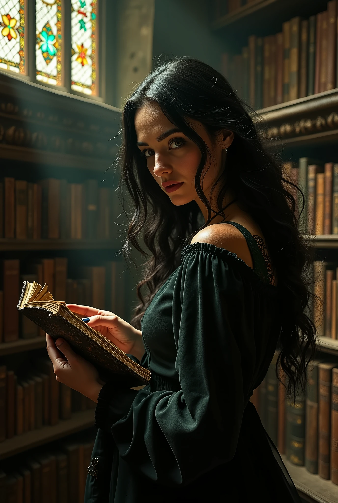 beautiful womens; looking for a forbidden book in ancient library with a lost of mistery and secrets; caravaggio painting