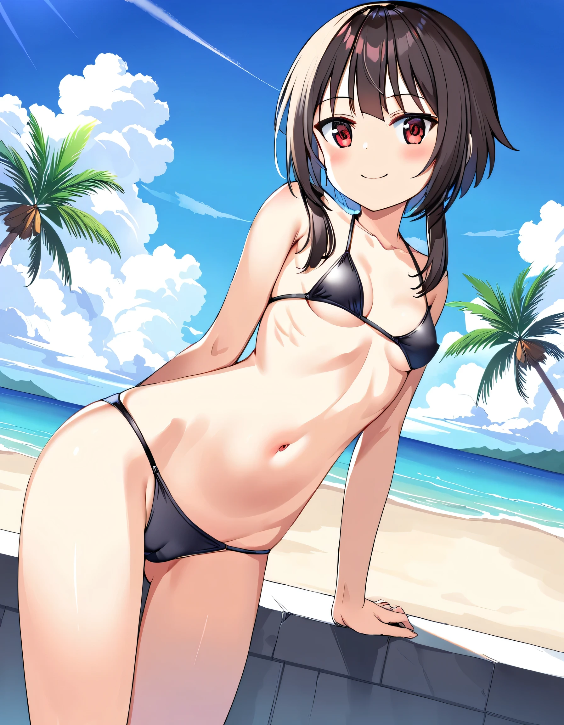 (Highest quality:1.2, Very detailed, up to date, Vibrant, Super Detail, Ultra-high resolution, High Contrast, masterpiece:1.2, Highest quality, Best aesthetics, There is:0.9), alone, (1 female), Megumin, short hair, Black Hair, (Red eyes:1.3), short hair with long locks, minimum, One person, alone, ((Black Bikini)), Red eyes, Red nose, shy, View your viewers, Camel Toe, Put your arms behind your back, Too cute！, Small breasts, Slim figure, Contrasting, (Beautiful sandy beach), (Palm tree)、(The sea in the background), (Beautiful blue sky), (Pull down your bikini bottoms), 
