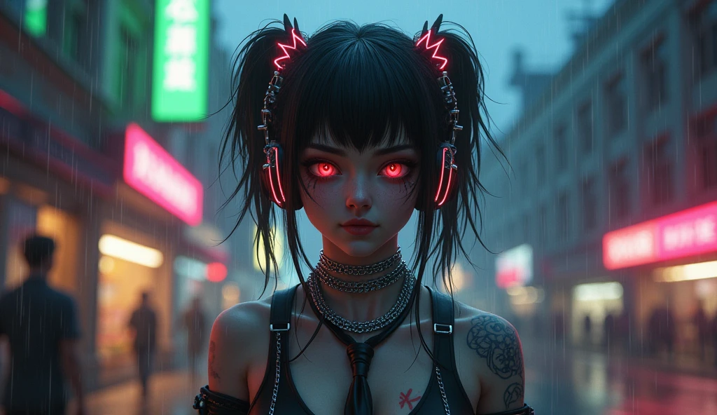 nude, chromatic aberration, Written boundary depth, Soft lighting, masterpiece, Highest quality, Complex, Tone Map, Very detailed, Art Station, Concept Art, Smooth, Sharp focus, Dramatic lighting, Very detailed artwork, Cinematic, hyper Realistic painting, Art Stationでトレンド, 8k, Incredible Shadows, Realistic, (Very detailed background:1.0), A Very detailed portrait of a solo 1girl standing on a street corner, During a rainstorm with thunder and cloudy skies, neon and cyberpunk background, she is wearing punk clothes with silver chains and silver spikes, She has butterfly-wing hair clips in her messy hair.., She is wearing headphones and a tie, , Clear pupils、Glowing red eyes, Ominous aura halo, smile, punk, cyberpunk, Backlight, Face Tattoos:1.3, (tattoo on 顔:1.5), Ghost Makeup, Zombie Makeup:1.2,Neon yellow light in the background
