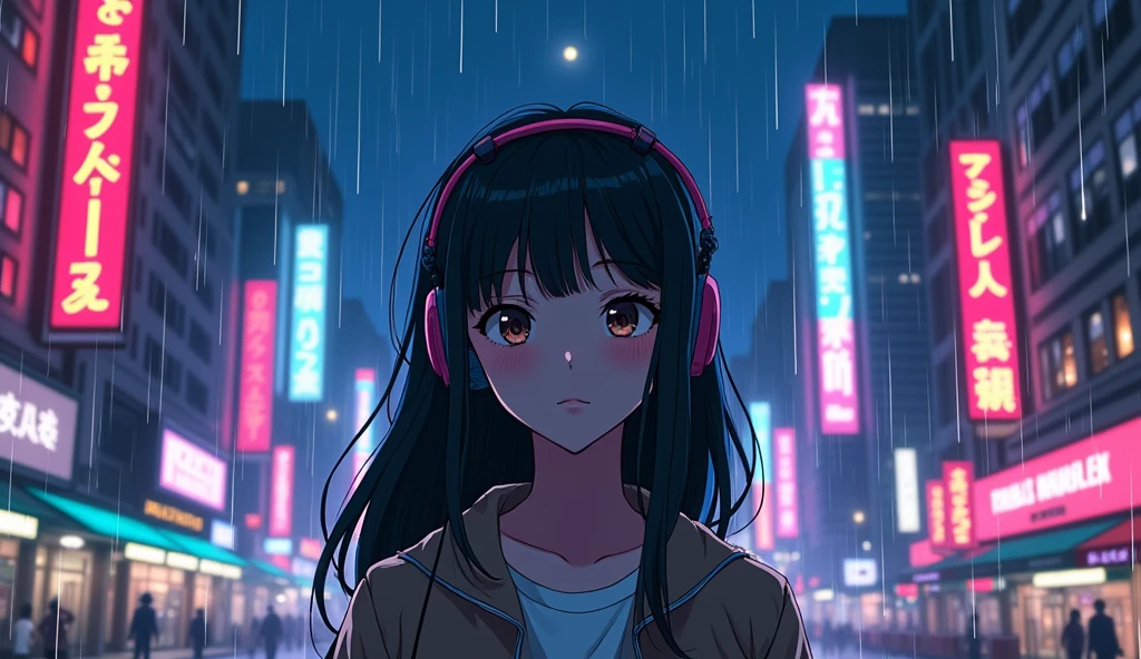 Perfect image, 8k, high school girl、 Using headphones, 2D-style animation, Lo-Fi, America's Big Cities、A bright night、rain、Emotional、Retro、Anime style illustrations