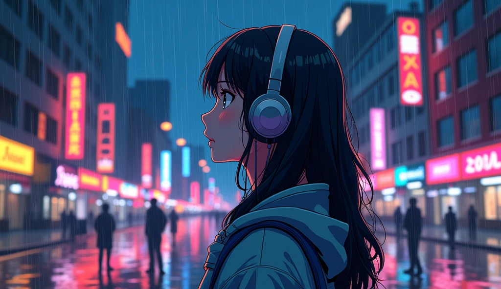 Perfect image, 8k, high school girl、 Using headphones, 2D-style animation, Lo-Fi, America&#39;s Big Cities、A bright night、rain、Emotional、Retro、Anime style illustrations