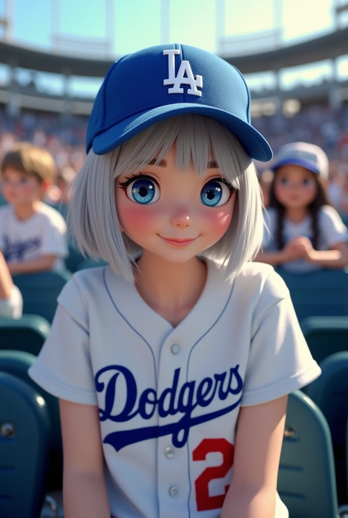 (original photo, best quality, masterpiece: 1.2), (Realistic: 1.4), Optimal lighting, 20 years old, (light gray hair, shortcut, hair covering ears, Symmetrical eyes, White skin, alone, Delicate skin, Detailed Background:1.2), Front view, Smiling, From the stadium to the auditorium, Sitting in the stands at a baseball stadium and watching the game, Holding iPhone 15 Pro in one hand, A lot of viewers, Wearing a Los Angeles Dodgers baseball cap and the Los Angeles Dodgers, Large Breasts, Accessories, hair tied back, daytime, exposed to sunlight