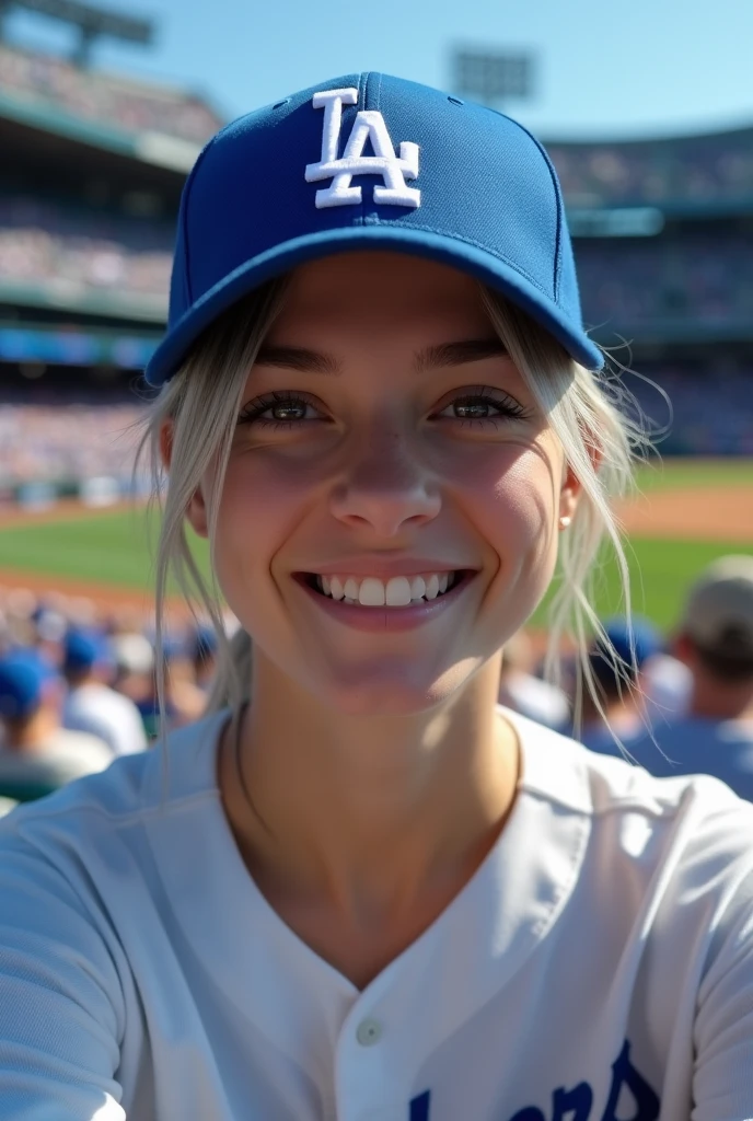 (original photo, best quality, masterpiece: 1.2), (Realistic: 1.4), Optimal lighting, 20 years old, (light gray hair, shortcut, hair covering ears, Symmetrical eyes, White skin, alone, Delicate skin, Detailed Background:1.2),　Front view, Smiling, From the stadium to the auditorium, Sitting in the stands at a baseball stadium and watching the game, Holding iPhone 15 Pro in one hand, A lot of viewers, Wearing a Los Angeles Dodgers baseball cap and the Los Angeles Dodgers, Large Breasts, Accessories, hair tied back, daytime, exposed to sunlight
