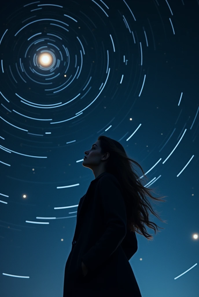 long exposure of starry sky with many circular orbits, focus on the stars, a flying saucer,silhouette of a young European woman with long hair with her hands in the pockets of her coat looking up,golden ratio