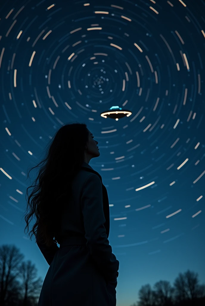 long exposure of starry sky with many circular orbits, focus on the stars, a flying saucer,silhouette of a young European woman with long hair with her hands in the pockets of her coat looking up,golden ratio