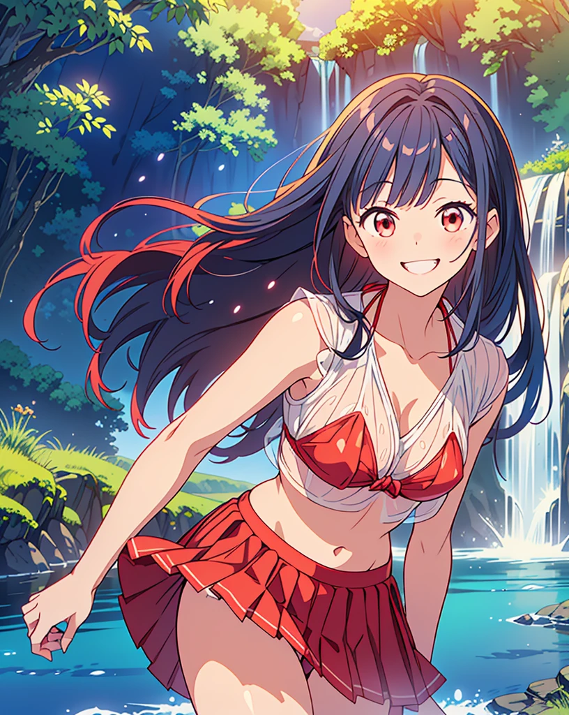 Highest quality, 32K, High resolution, masterpiece:1.5, One beautiful girl, Illustration with anime touch, Rich emotional expression, An exceptionally beautiful face, Perfect Human Anatomy, Perfect hands, Thumb and4Finger, Big red eyes, ((A mischievous smile:1.5)), Shiny sky blue hair, Medium Hair, Asymmetrical bangs, Hair between the eyes, Transparent, soft white skin, Detailed and cute lips, ((Pastel patterned bikini:1.3)), ((Pleated skirt:1.3)), Valley, Detailed and beautiful waterfall, water droplets, ((Blue transparent water:1.2)), ((Super detailed:1.2)), Beautiful detailed blue sky, mysterious