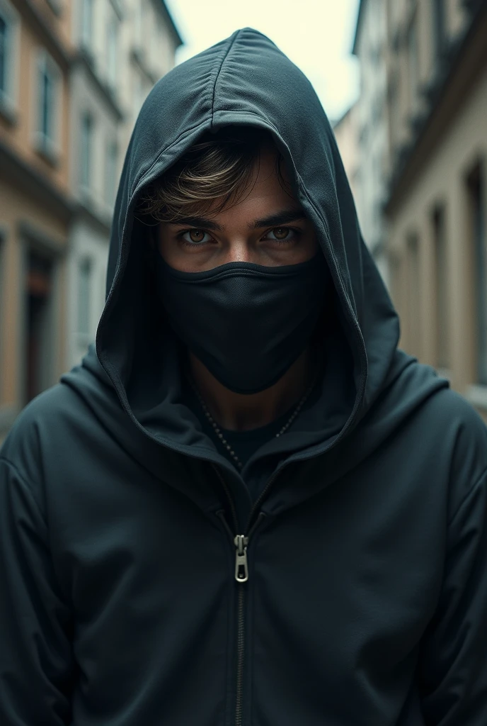 Mysterious young man, with a mask, trying to go unnoticed with a hood, with a big nose, clear hair, messy hair, eyes browns, mysterious