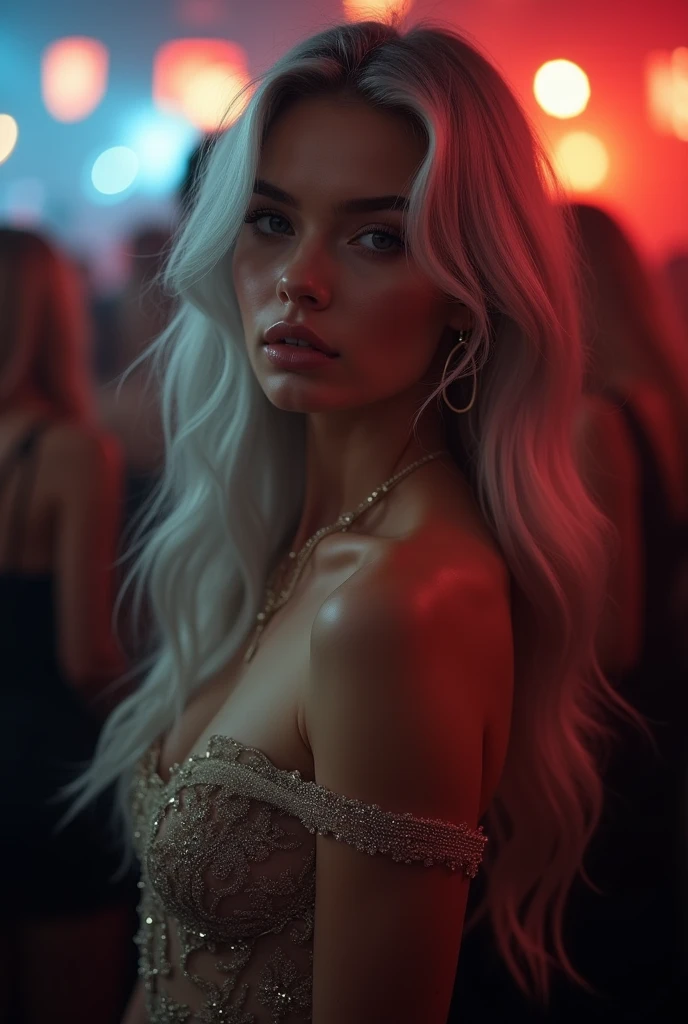 Beautiful girl in full growth, with white skin, light gray hair, Professional full-length photo, realistic, against the backdrop of a crowd at a party, dark atmosphere, Light music