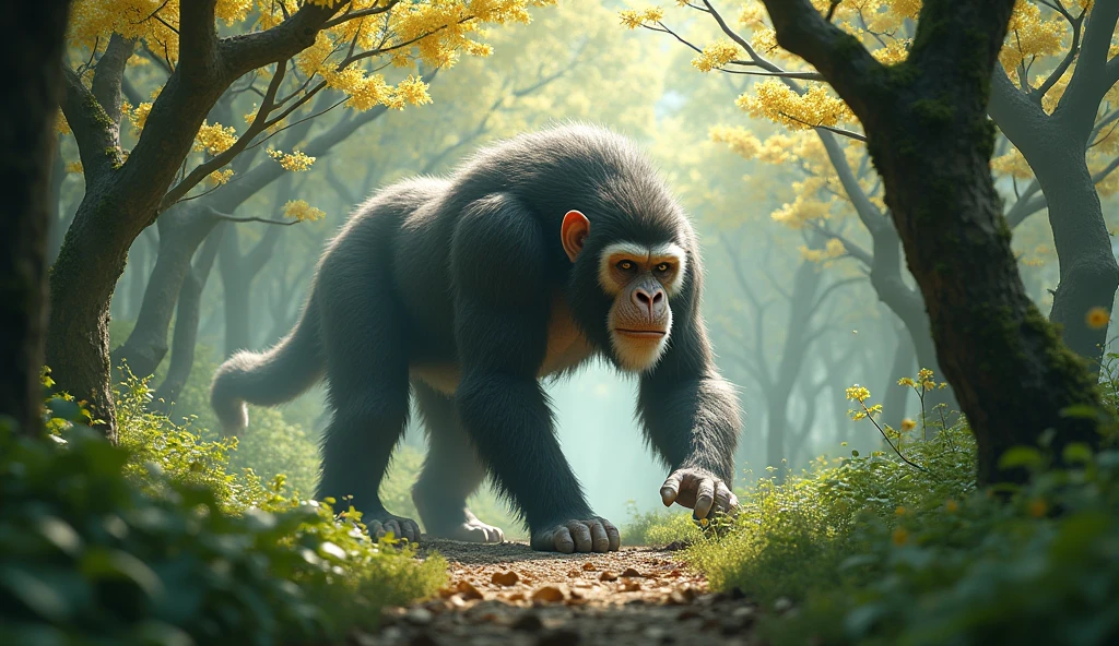 There is a wild beast in the osmanthus forest,Looks like an ape but has white ears,Walking upright(best quality,4K,8k,High level,masterpiece:1.2),Ultra Detailed,(lifelike,Photo real,Photo real:1.37)