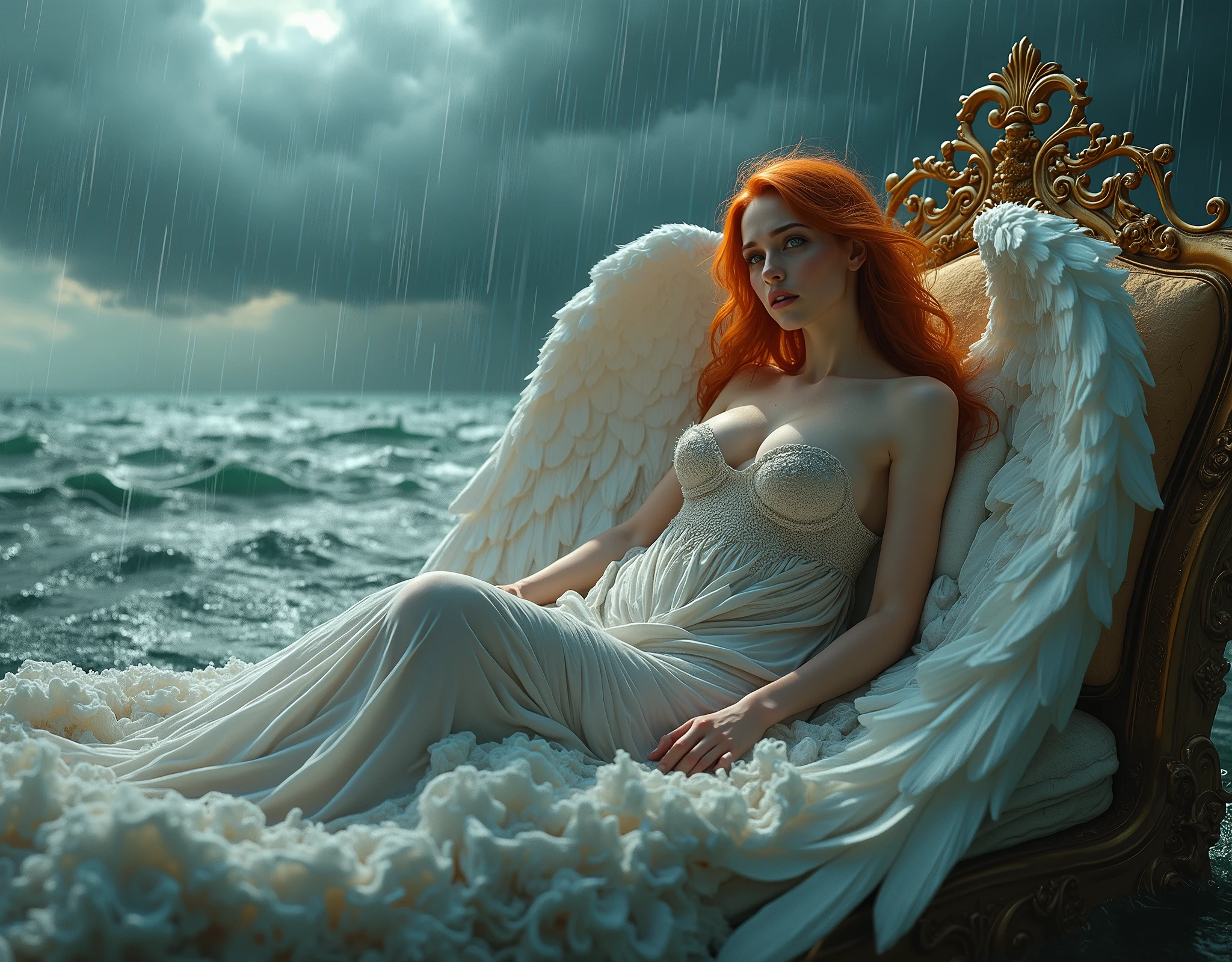 Photorealistic fantasy scene from a dream, mature voluptuous scared angel redhead woman, folded filigree feathered wings, just waking up sitting in her opulent decorated bed, timid, shy, surprised, tears, her filigree bed outdoors (drifting floating in the ocean), desperately holding on her filigree lace blanket, partially covered, one firm breast exposed, her long voluminous hair blowing in the strong wind, thunderstorm, (rough sea background, strong swell, sharks circling her bed, heavy rain), tears, stunning captivating bright eyes looking at viewer, waving red clouds are bed